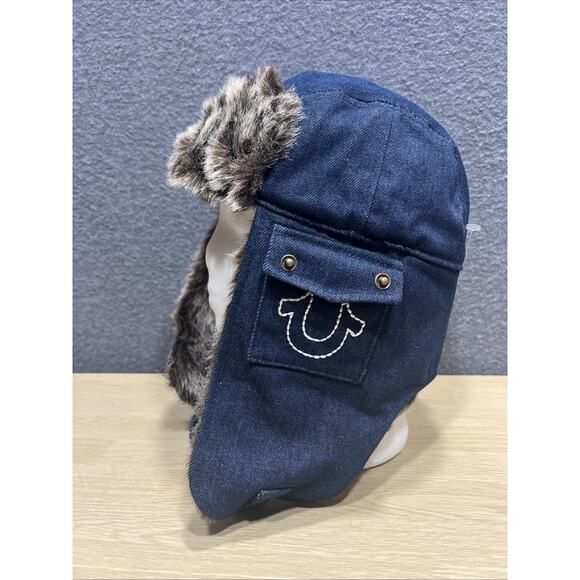 True Religion Trapper Hat Dark Blue Cotton Faux Fur Horseshoe Pockets Chin Strap - Picture 2 of 10